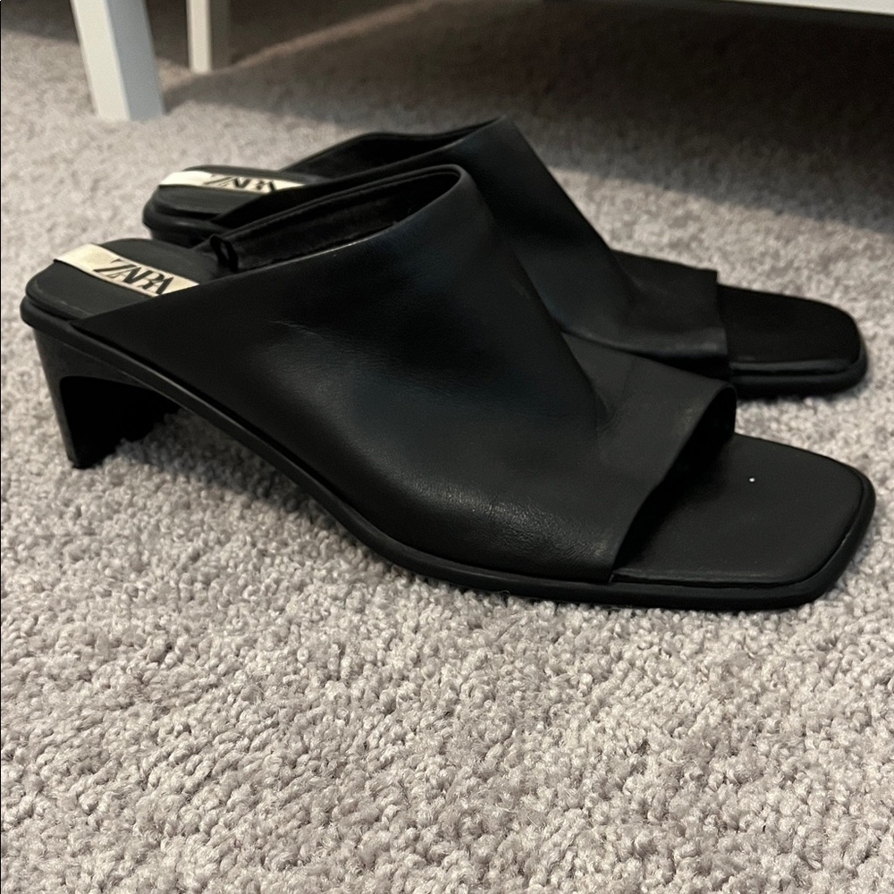 Zara Black Women's Leather Mule Slide Heels